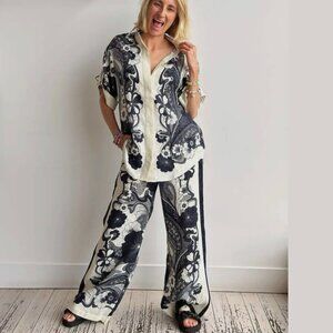 Women Two-Piece Outfit Shirt Wide-Leg Pants Blue Cream Floral Size XL Linen